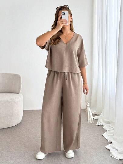 Shapeblank Plus-Size Women's Spring/Summer Fashion Casual Loose Comfortable Everyday Basic Slimming V-Neck Short-Sleeved Crop Top And Wide-Leg Pants Khaki Two Pieces Set,Summer Clothes,Pants Set,Vacation Outfits