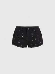 ROMWE Grunge Punk 女士超低腰性感Y2K千禧复古金属星铆钉紧身牛仔短裤 - 黑色 - 查看 1