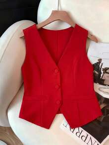 GlowEve Women's Sleeveless V-Neck Bow Back Short Vest Shirt - Red - View 2