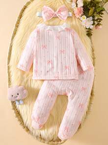 SHEIN 3件套女婴可爱甜美圆领蕾丝边长袖上衣+裤子+发带套装，粉色条纹樱桃印花图案，婴儿女童服装，休闲舒适，时尚简约，实用多功能，柔软舒适，适合作为礼物，每个宝宝必备，四季皆宜，适合户外活动 - 粉色 - 查看 2