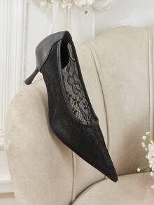 CUCCOO HITCHD Women's Mid Heel Pointed Toe Pumps, Party Shoes Valentine's Day - Mesh black - View 6