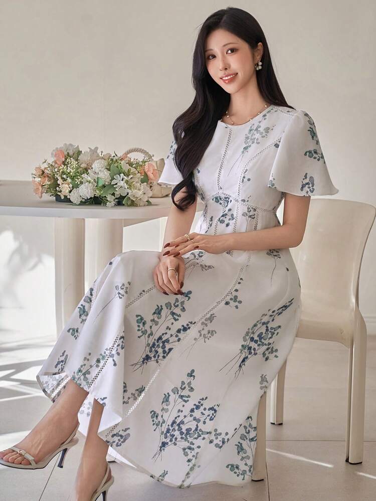 Women's Elegant Floral Ruffle Sleeve Midi Dress, Spring/Summer Wedding Guest Dress Sundress