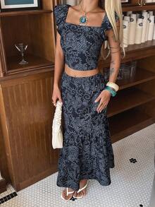 DAZY 女士优雅花卉荷叶袖吊带背心和鱼尾牛仔裙套装，夏季 - 藍色 - 查看 4