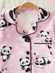 2pcs Girls Panda Print Soft & Comfortable Satin Collar Button Long Sleeve Pajama Set Panda Pajama Set Fall Winter - Pink - View 4