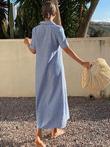 DAZY Women's Casual Striped Shirt Dress With Belt, Spring/Summer Wedding Guest Dress - Blue - View 2