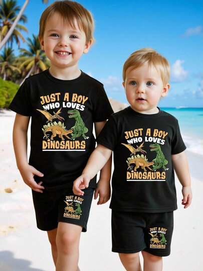 Set de 2 piezas de camiseta de manga corta con estampado de dinosaurio y letra, y pantalones cortos para niños pequeños, uso casual y cómodo para primavera/verano