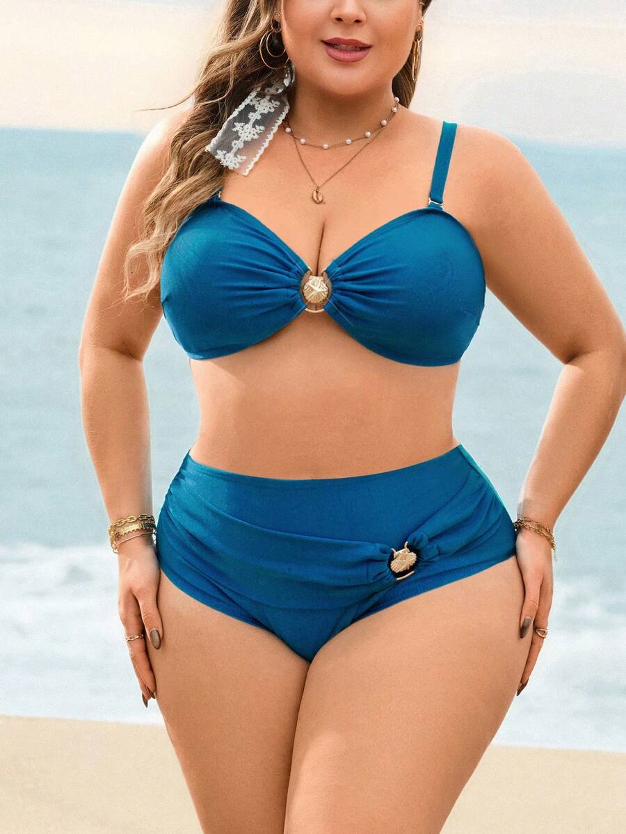 Swim Lushoire 大码女士纯色比基尼泳衣套装，三角裤带褶皱设计 - 水鴨藍 - 查看 1
