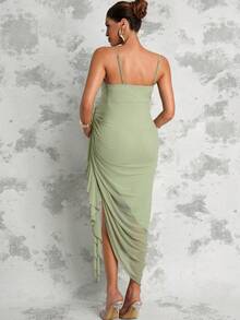 MaterniChic Maternity Summer Sage Green Elegant Party Pregnant Spaghetti Strap Ruffle Hem Dress For Photography,Baby Shower,Wedding Guest And Luxury Evening Out - Green - View 2