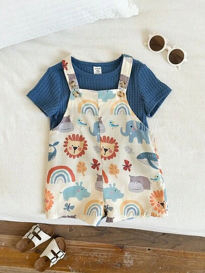 SHEIN 2pcs/Set Baby Boy/Unisex Casual Knit Navy Blue Short Sleeve T-Shirt With Cartoon Lion Print & Bib Pants Romper Set, Summer