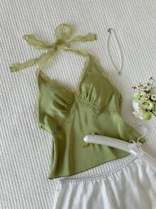 Comfortcana 大码女式纯色撞色蕾丝吊带背心 - 綠色 - 查看 6