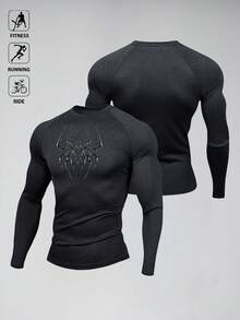 Manfinity Sport PWRUP 男士蜘蛛印花修身长袖运动T恤 - 黑色 - 查看 1