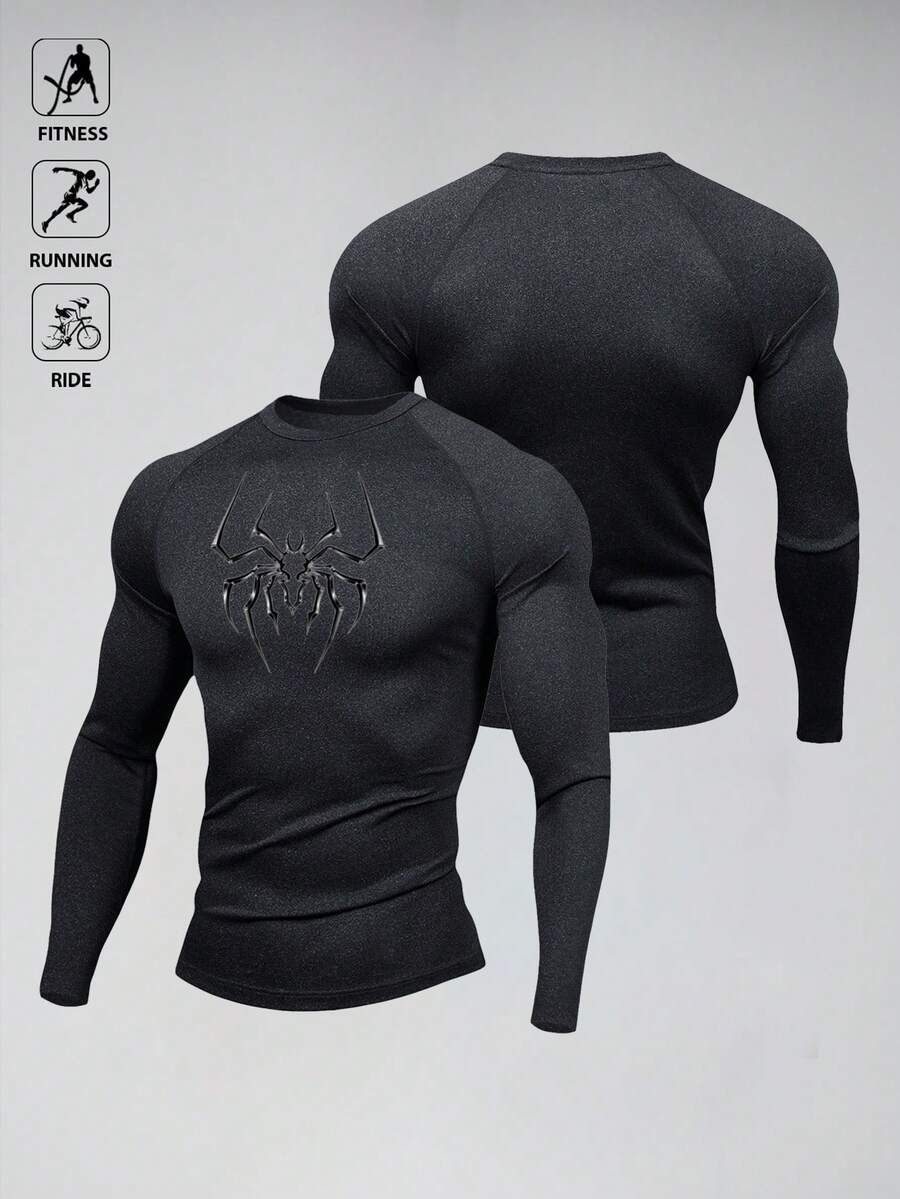Manfinity Sport PWRUP 男士蜘蛛印花修身长袖运动T恤 - 黑色 - 查看 1