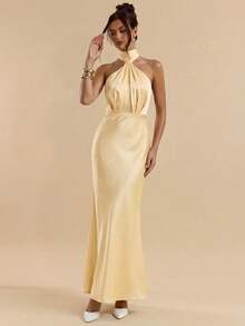 SHEIN BAE 性感简约纯色黄/米色露背吊带长款鱼尾连衣裙，适合派对、鸡尾酒会、正式场合、伴娘、生日、圣诞节、商务休闲等场合。 - 淡黃色 - 查看 4