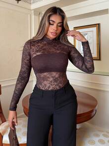 Maria Perezxox Women's Floral Lace Stand Collar Long Sleeve Sexy Bodysuit - Coffee Brown - View 3