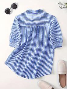 Linhara Áo sơ mi nữ cỡ lớn phối màu sọc, kiểu dáng patchwork, cài cúc toàn thân, có túi phía trước, tay ngắn, phong cách thường ngày. - Màu xanh lam - Xem 2