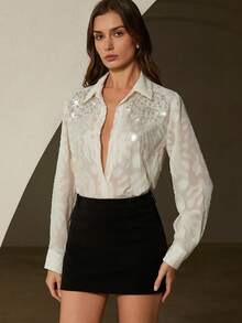Aveloria Rosie Blusa de manga larga para mujer con diseño floral de jacquard, bordada con cuentas, strass y lentejuelas, de estilo elegante francés y versátil casual - Blanco - Ver 1