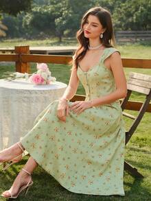 Vintamour Vintage Classic Elegant Floral Print Fit & Flare Dress With Wide Straps, Flared Hem And Buttons, Green Dress For Women, Spring/Summer - Gray green - View 7