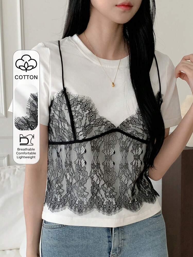 Color Block Contrast Lace 2 In 1 Tee Going Out Tops
