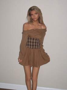 Sydney Algeri French Casual Vintage Brown Plaid Patchwork Sexy Asymmetrical Shoulder Lapel Waist Fitted A-Line Puff Sleeve Spring New Women Short Dress - Brown - View 1