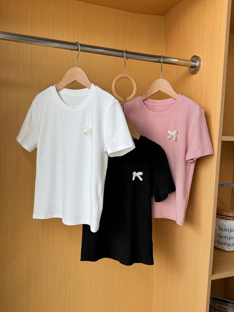 Tween Girls' Casual Butterfly Decor Round Neck Short Sleeve T-Shirt, Summer Spring