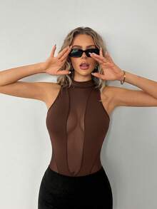 SHEIN ICON 无袖网纱拼接黑色立领连体衣 - 棕色 - 查看 3