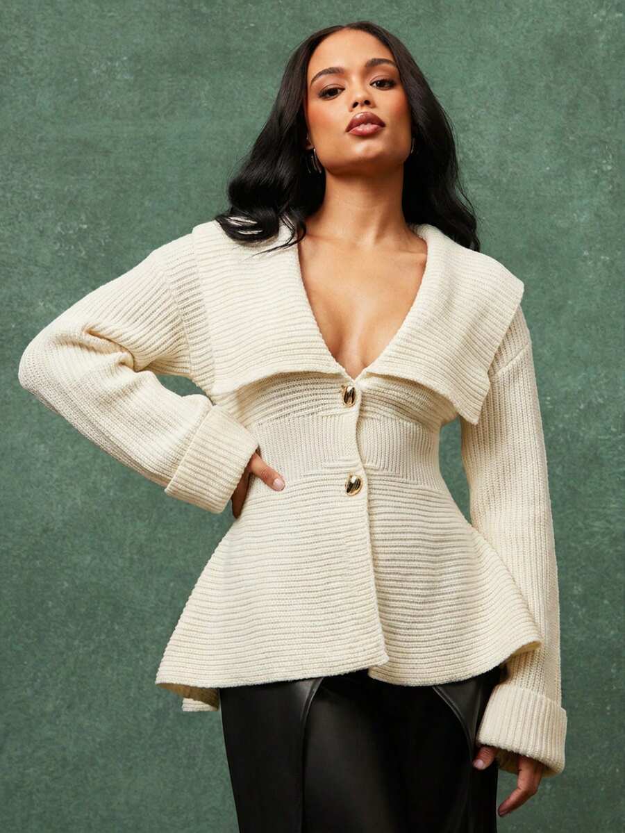 Vixey Áo khoác cardigan tay dài cổ shawl rộng, vạt peplum, dệt gân. - Màu be - Xem 1
