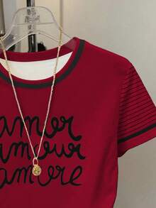 Resyla 女士字母条纹圆领短袖休闲百搭T恤 - 白色 - 查看 4