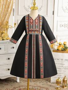 Young Girls Geometric Pattern V-Neck Long Sleeve A-Line Casual Maxi Dress, Suitable For Beach Party, Summer - Black - View 4