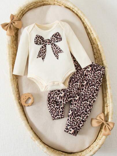 SHEIN 新生女宝宝休闲可爱针织豹纹蝴蝶结长袖连体衣和裤子套装