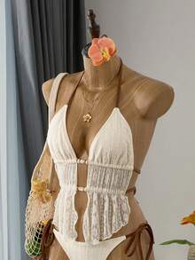 Bellisia Women's Floral Lace Mesh Beaded Decor Contrast Color Halter Neck Blouse, Spring/Summer Vacation - Beige - View 3