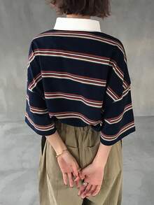 FRIFUL Áo thun polo cổ rộng dáng suông kẻ sọc vai rớt dành cho nữ - Màu xanh lam - Xem 6