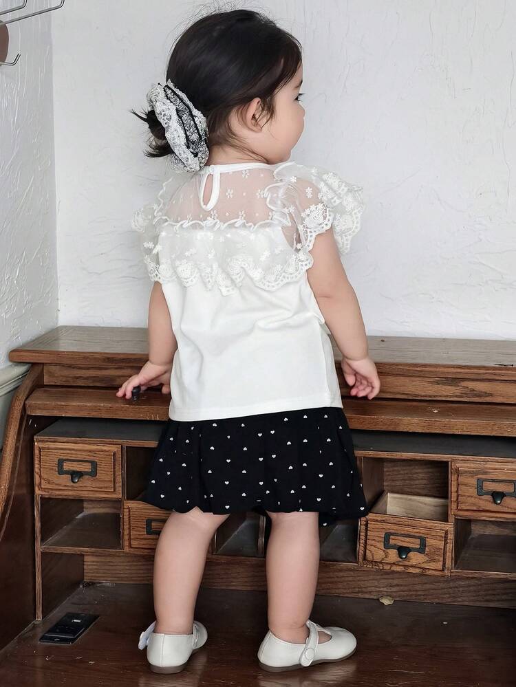 Toddler Girls' Round Neck Ruffle Trim Casual Top, Spring/Summer, Korean Style