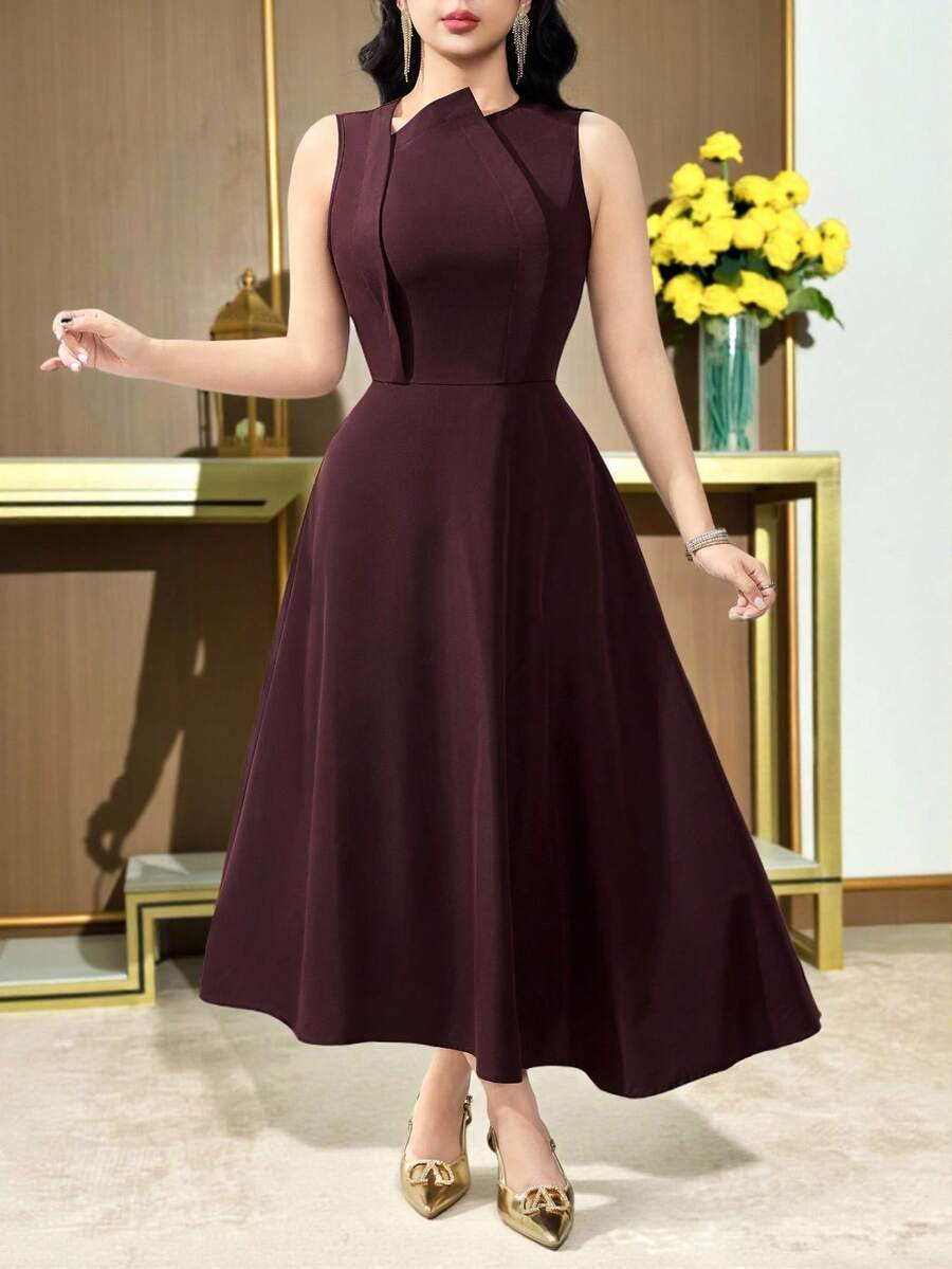 Feyla Women's Solid Color Sleeveless Elegant Bud Design Waist Midi Dress Burgundy Dress Plum Dress Elegant Midi Dress Wine Dress - Burgundy - View 1