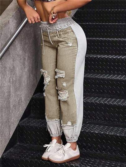 Jeanoix Plus Size Women Drawstring Waist Pockets Distressed Contrast Color Casual Harem Jeans