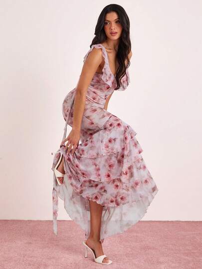 Enchnt Spring/Summer Women's Floral Print Ruffle Off-Shoulder Elegant Waist Cinched Long Party Dress,Summer Dress, Valentine Outfits For Women,Vacation Dresses,Floral Dress