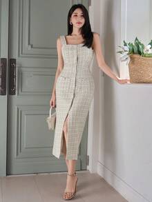 DAZY 女士优雅方领无袖口袋纽扣连衣裙，夏季