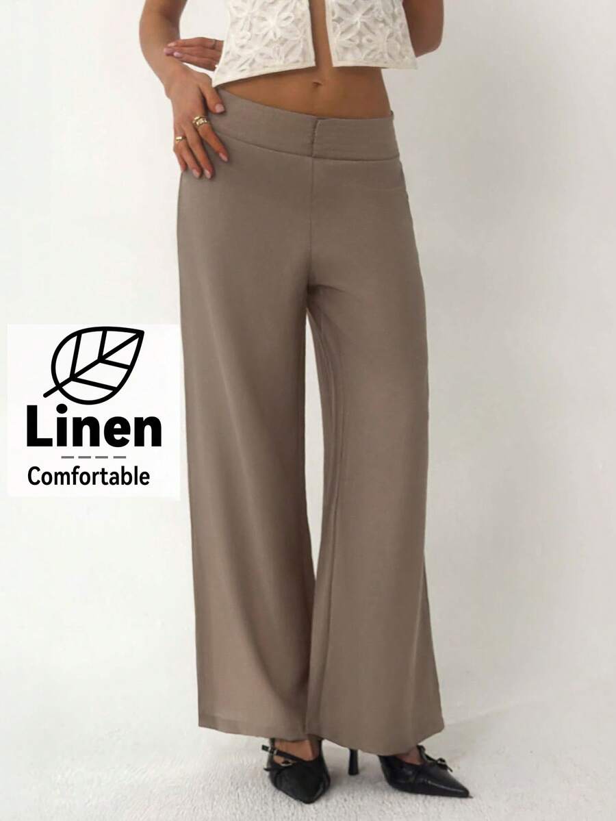 Aloruh Women's Casual Vacation Home Daily Pleated Linen Super Low Waist Loose Wide Leg Pants, Spring/Summer - Khaki - View 1