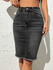 SHEIN Essnce 女士纯色简约休闲牛仔迷你裙 - 灰色 - 查看 3