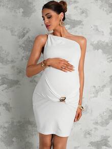 MaterniChic Vestido de maternidad de unicolor, asimétrico, sin mangas y ajustado con diseño de moda - Blanco - Ver 6