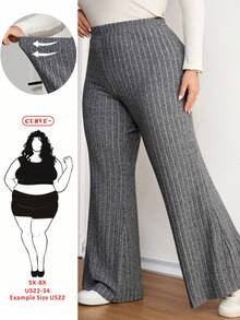 SHEIN CURVE+ Quần ống loe ôm sát màu đen gân sọc dành cho nữ cỡ lớn, thích hợp cho mùa Thu/Đông. - Màu xám đen - Xem 1