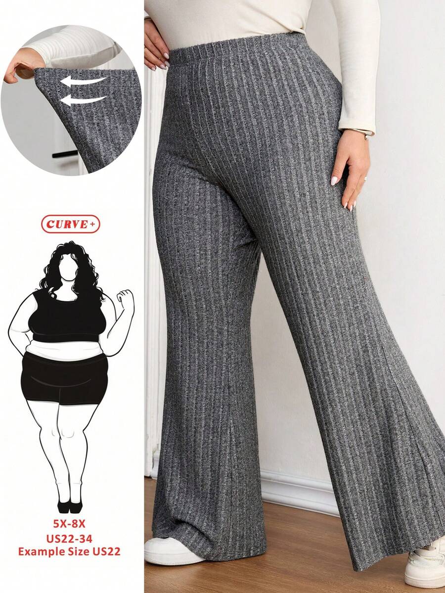 SHEIN CURVE+ Quần ống loe ôm sát màu đen gân sọc dành cho nữ cỡ lớn, thích hợp cho mùa Thu/Đông. - Màu xám đen - Xem 1