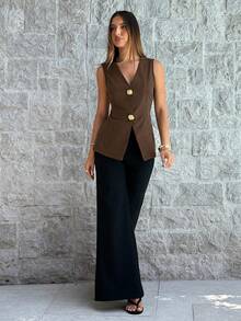 Aloruh Áo blazer nữ công sở màu nâu cài cúc kim loại, kiểu dáng thanh lịch. - màu nâu - Xem 7