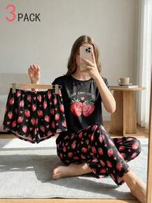 3pcs/Set Teen Girls Cute Avocado Print Pajama Set Includes Long Pants, Shorts, And Short Sleeve Top - Multicolor - View 4