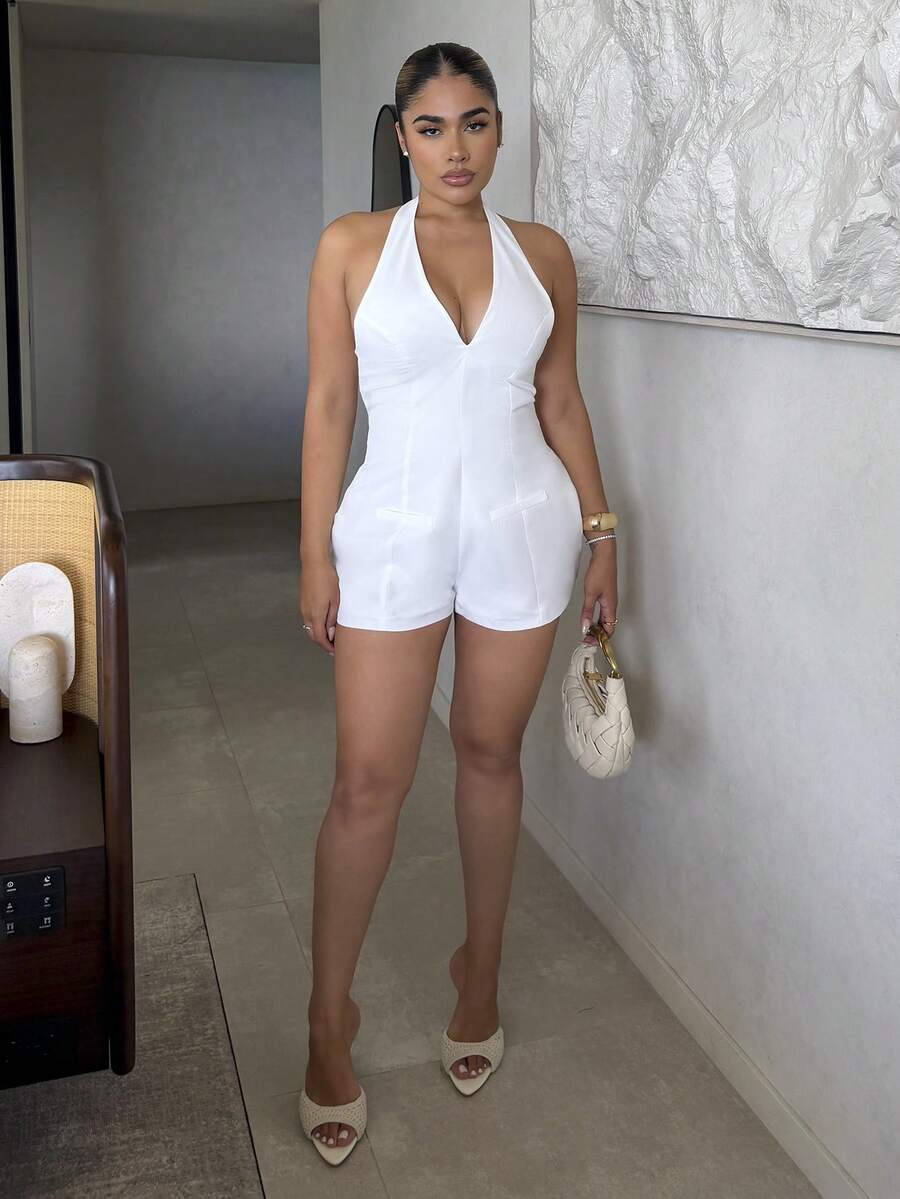 Maria Perezxox White Halter Deep V Jumpsuit With Flared Pants, Short Style For Women - White - View 1