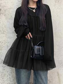 FRIFUL 女式宽松圆领长袖黑色拼布透明网眼面料休闲 T 恤，百搭秋冬 - 黑色 - 查看 6