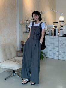 DAZY 女士条纹梭织吊带裤两件套，韩版 - 灰色 - 查看 5