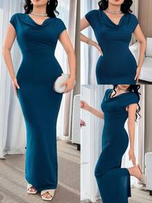Feyla Women's Solid Color Draped Neck Elegant Waist Cinched Long Dress, Suitable For Dates And Parties - Lake Blue - View 8