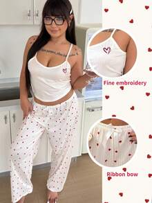 ZzzCrew Plus Size Women Pajama Set, Ribbed Stitching Heart Embroidery Camisole And Pants - Apricot - View 1