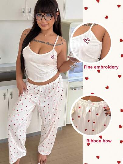 ZzzCrew Plus Size Women Pajama Set, Ribbed Stitching Heart Embroidery Camisole And Pants