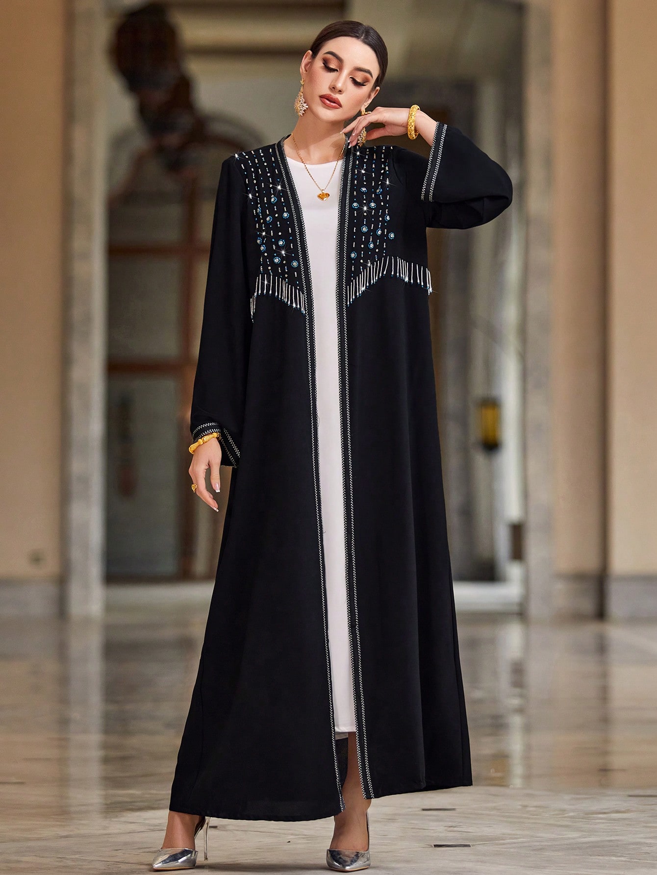 Layrah كارديجان عباية عربي بنمط حبات الأرز العشوائ...